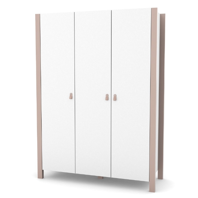 a white cabinet with brown handles